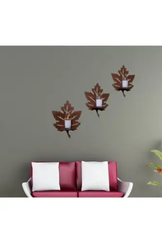 3-Piece Wooden Wall Decor Shelf with Maple Leaf Candle Holder - GENEL MARKALAR (1)