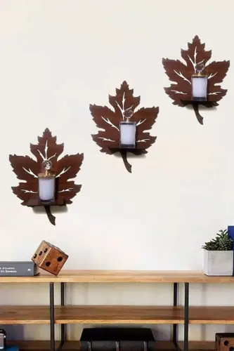 3-Piece Wooden Wall Decor Shelf with Maple Leaf Candle Holder - 3