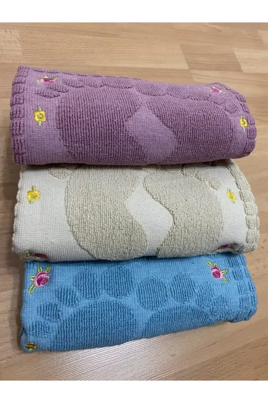 3 Pieces 100% Cotton Cappuccino*plum*petrol Blue Color Embroidered Foot Towel 100% Cotton Size: 50x70 - Petrol Blue - 1