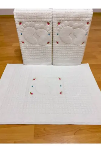 3 Pieces Cream Embroidered Foot Towel 100% Cotton Size: 50x70 - CREAM - 3