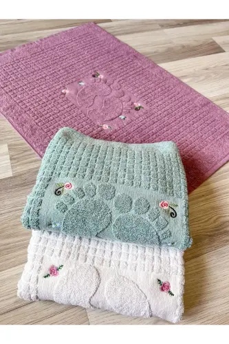 3 Pieces Embroidered Foot Towel 100% Cotton Size: 50x70 - Green*Cream*Plum - AYHANHOME (1)