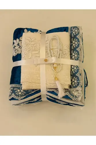 3 Pieces Petrol Blue Gift Dowry Prayer Rug Set-petrol blue - 1