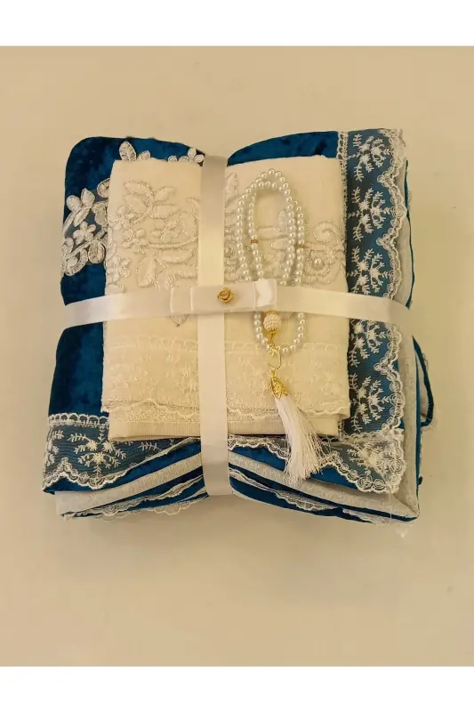 3 Pieces Petrol Blue Gift Dowry Prayer Rug Set-petrol blue - CEYIZIMDEKOR