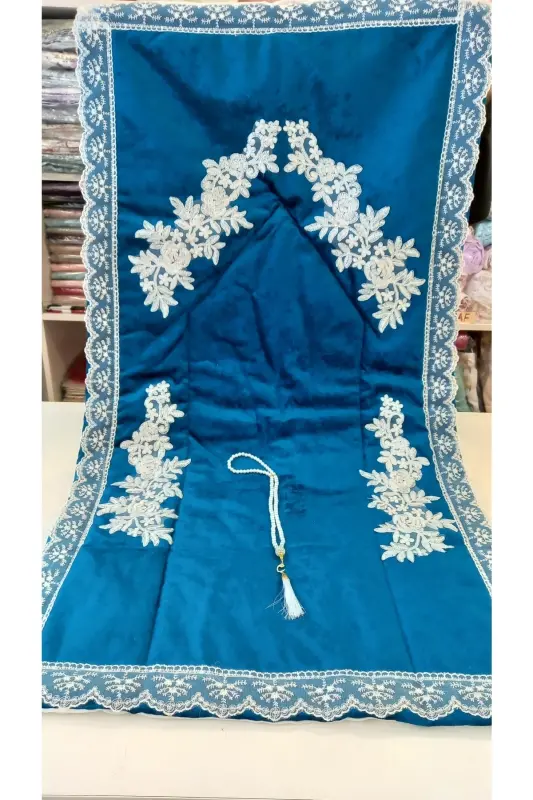 3 Pieces Petrol Blue Gift Dowry Prayer Rug Set-petrol blue - 2