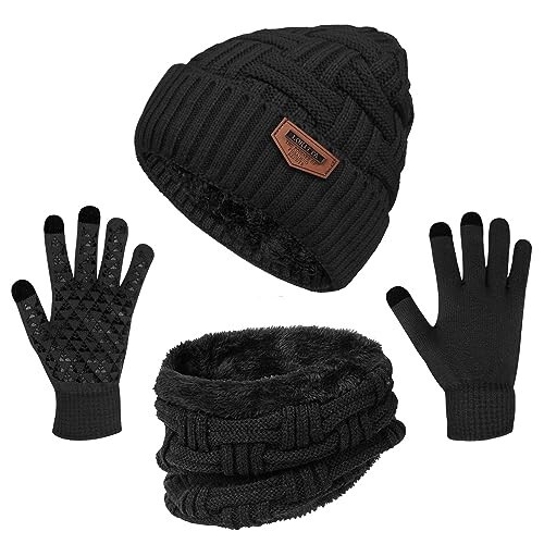 3-Pieces Winter Beanie Hat Scarf and Touch Screen Gloves Set Warm Knit Skull Cap for Men Women - 1