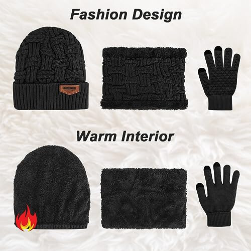 3-Pieces Winter Beanie Hat Scarf and Touch Screen Gloves Set Warm Knit Skull Cap for Men Women - 2