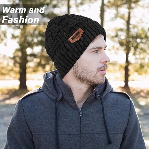 3-Pieces Winter Beanie Hat Scarf and Touch Screen Gloves Set Warm Knit Skull Cap for Men Women - 5