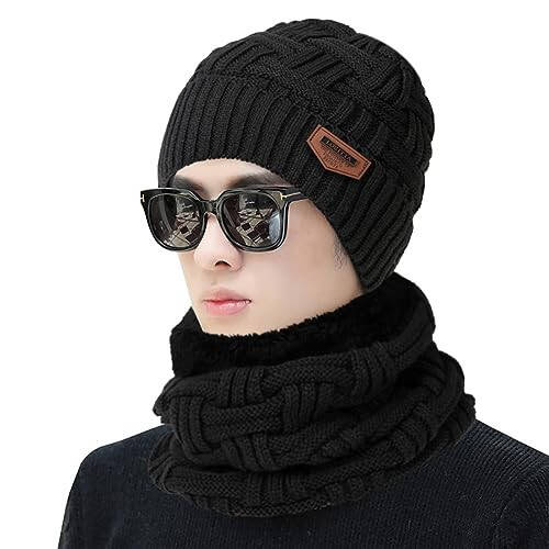 3-Pieces Winter Beanie Hat Scarf and Touch Screen Gloves Set Warm Knit Skull Cap for Men Women - 6