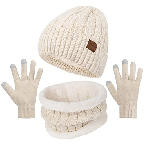 3 Pieces Winter Beanie Hat Scarf Touch Screen Gloves Set Thick Warm Knit Skull Cap Fleece Lined Scarves Gifts for Women - 25