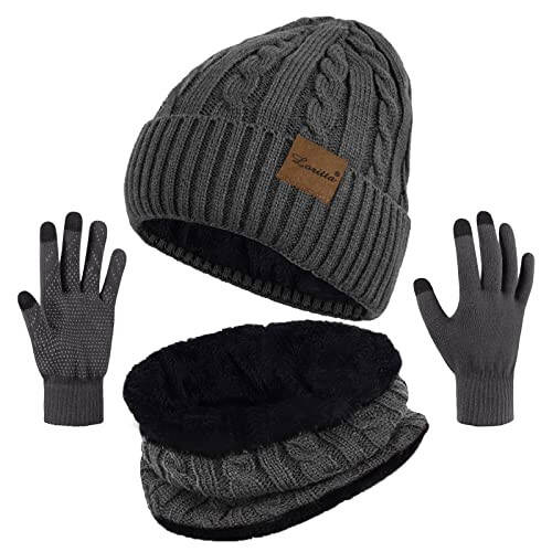 3 Pieces Winter Beanie Hat Scarf Touch Screen Gloves Set Thick Warm Knit Skull Cap Fleece Lined Scarves Gifts for Women - 19