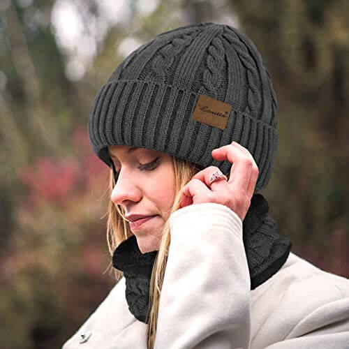 3 Pieces Winter Beanie Hat Scarf Touch Screen Gloves Set Thick Warm Knit Skull Cap Fleece Lined Scarves Gifts for Women - 23