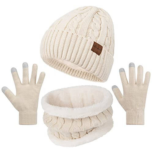 3 Pieces Winter Beanie Hat Scarf Touch Screen Gloves Set Thick Warm Knit Skull Cap Fleece Lined Scarves Gifts for Women - 13