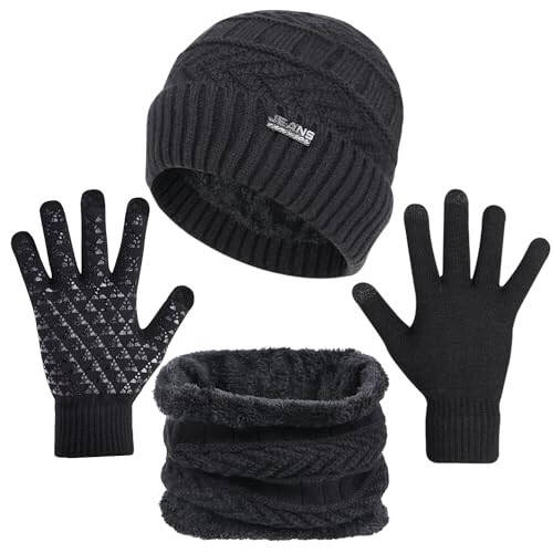 3-Pieces Winter Beanie Hats, Scarf and Touch Screen Gloves Set for Men and Women, Warm Knit Cap Set - 1