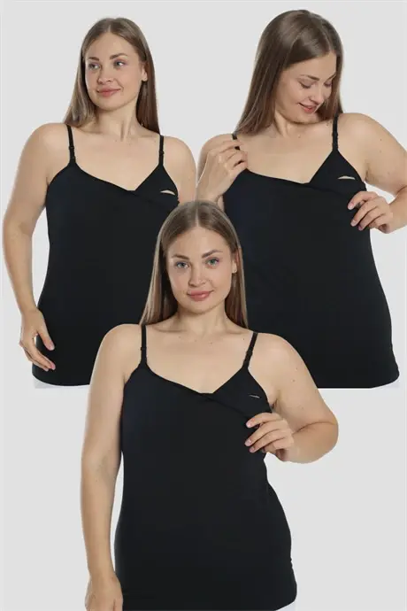 3 Pieces Women Black Nursing Tank Tops Cotton Lycra - 1