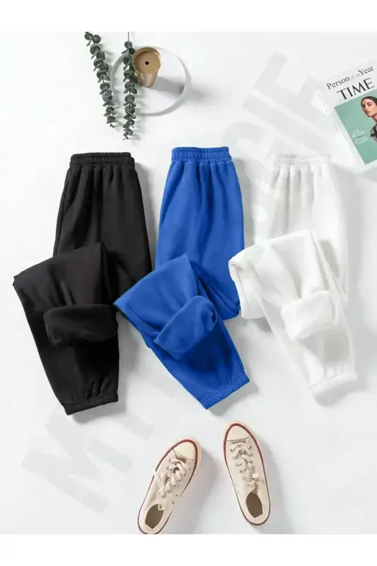 3-ply Non-Print Jogger Sweatpants - Black Sax Blue White Elastic Hem High Waist Summer-Black SaxM White - 1