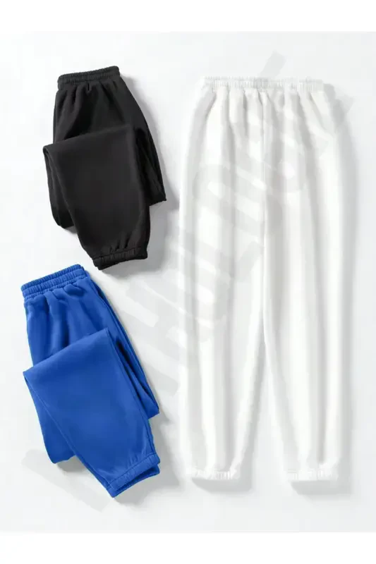 3-ply Non-Print Jogger Sweatpants - Black Sax Blue White Elastic Hem High Waist Summer-Black SaxM White - 2