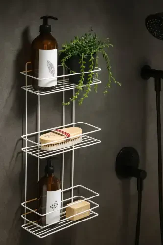 3 qavatli oq yopishtiruvchi hammom tokchasi, shampun uchun dush tashkilotchisi, zanglamaydigan metall hammom devor tokchasi - Oq - 5