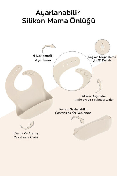 3-qavatli silikon ovqat to'plami - silikon yoqa, vakuumli likopka, tish qoshiqchali qoshiq, bej - 3