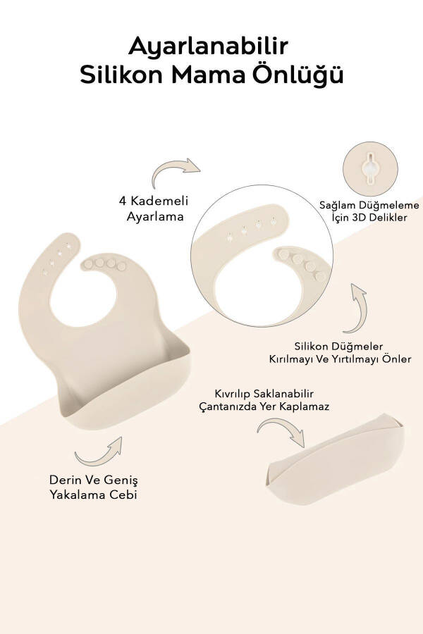 3-qavatli silikon ovqat to'plami - silikon yoqa, vakuumli likopka, tish qoshiqchali qoshiq, bej - 3