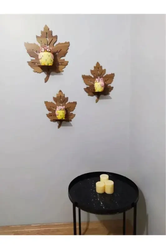 3 qavatli yog'och devor bezagi rafini chinor bargi shamdon bilan - 1