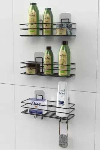 3-qavatli yopishqoq 4 kancali zanglamaydigan banyoda javon, mat qora, shampunlik, dush kabinasi, dush osilgich. - 1