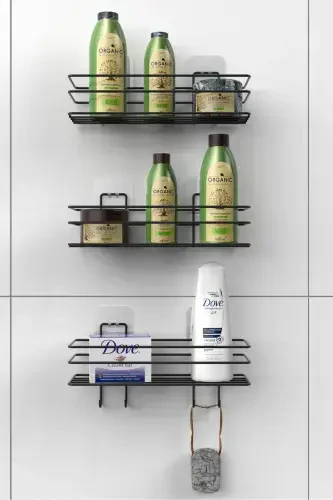 3-qavatli yopishqoq 4 kancali zanglamaydigan banyoda javon, mat qora, shampunlik, dush kabinasi, dush osilgich. - KARTEYA (1)