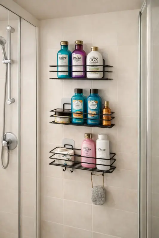 3-qavatli yopishqoq 4 kancali zanglamaydigan banyoda javon, mat qora, shampunlik, dush kabinasi, dush osilgich. - 2