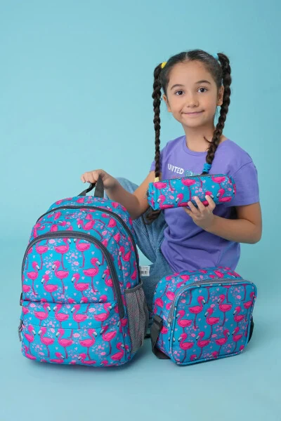 3 qismli Maktab Sumkasi To'plami Pushti Flamingo / Plcan2079.318 - 1