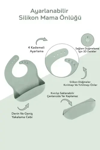 3 qismli silikon ovqatlantirish to'plami - silikon yumshoq so'rg'ich, vakuumli likopcha, tishlagichli qoshiq Yashil - 3