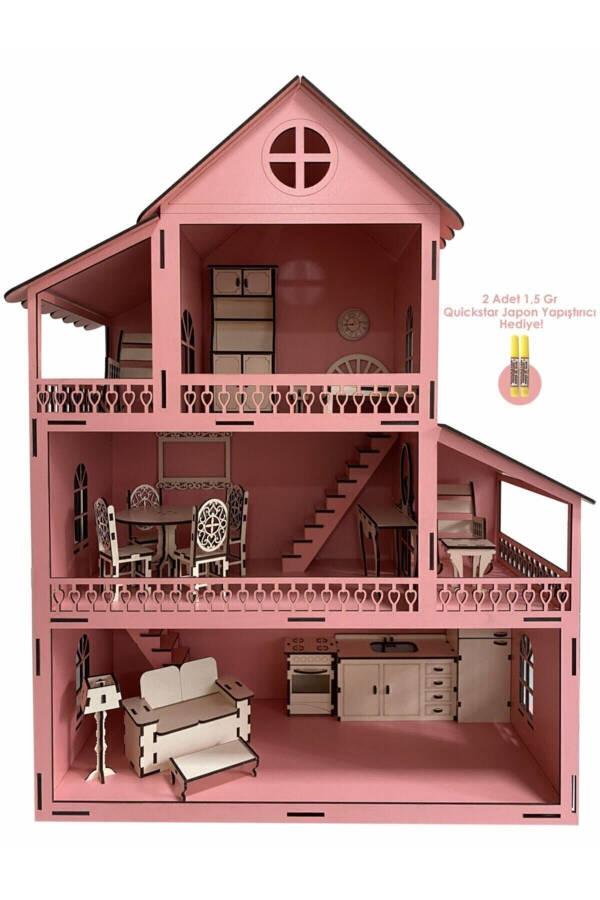 3-Story Wooden Barbie Dollhouse with Pink Furniture - 31