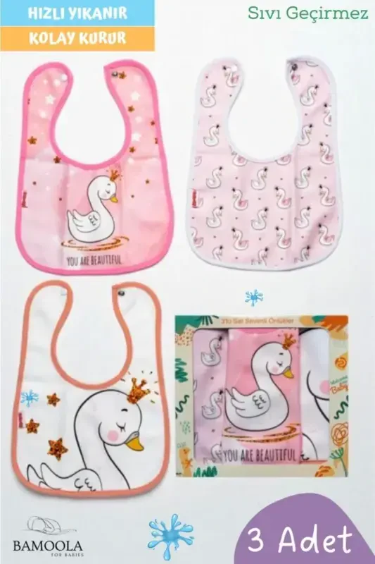3 Swan Patterned Baby Feeding and Drool Bibs - ( - 1