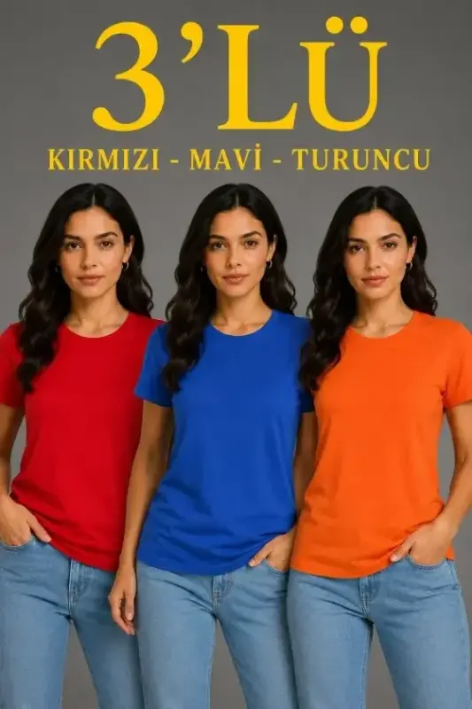 3 ta Qisqa Yengli Dumaloq Yoqali Basic Slim Fit T-Shirt - Qizil - Moviy - To'q sari - BÜYÜKBEDENIZ