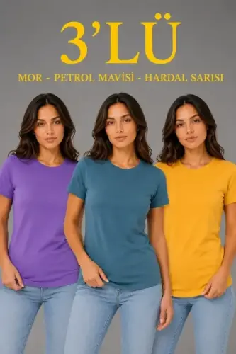 3 talik Kalta Yengli Yumaloq Yoqali Basic Slim Fit T-Shirt - Siyohrang - Neft rang - Xantal - 1
