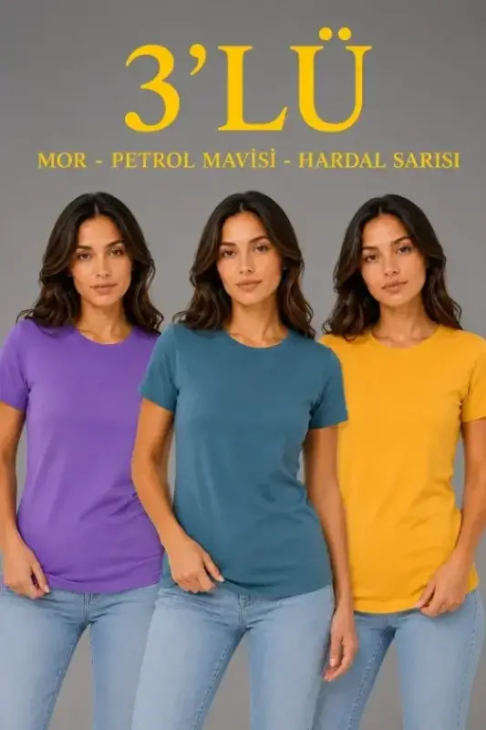 3 talik Kalta Yengli Yumaloq Yoqali Basic Slim Fit T-Shirt - Siyohrang - Neft rang - Xantal - BÜYÜKBEDENIZ
