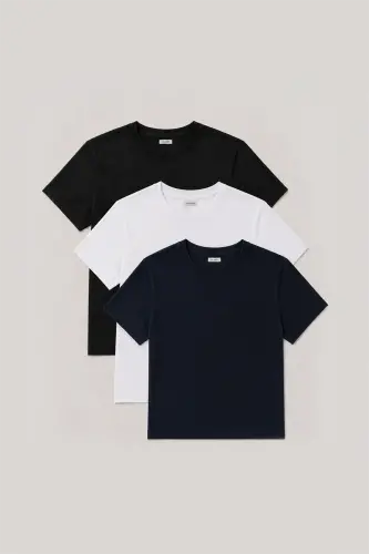 3 talik to‘plam Basic Slim Fit Qora Oq Ko‘k 100% Paxta Dumaloq Yoqa T-Shirt 