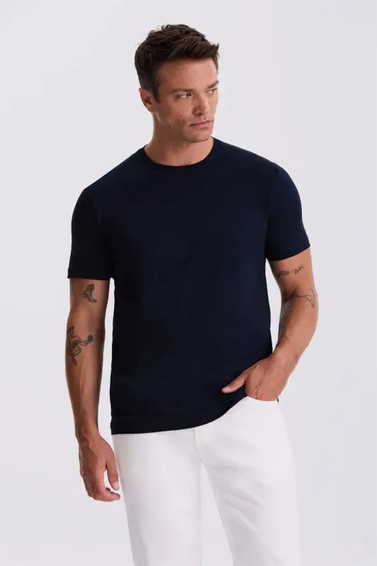 3 talik to‘plam Basic Slim Fit Qora Oq Ko‘k 100% Paxta Dumaloq Yoqa T-Shirt - 4