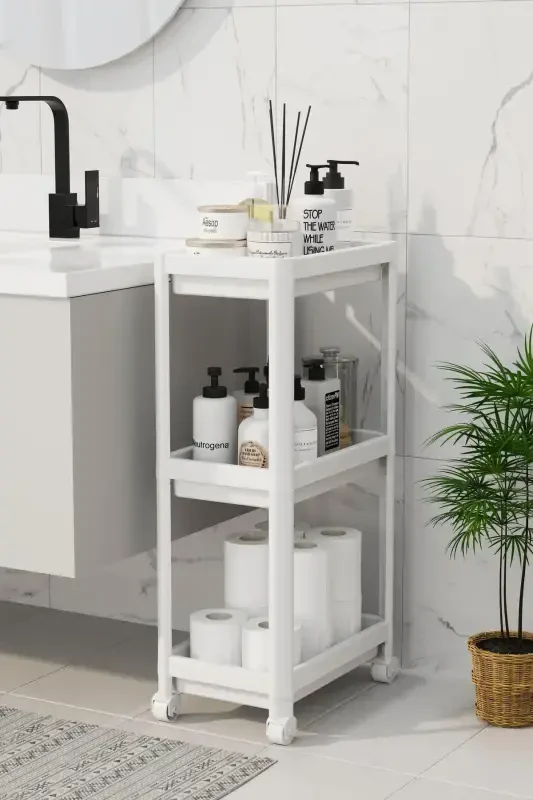 3 Tier Bathroom Shelf Unit (PEGGY) White Bathroom Organizer Shampoo Holder Towel Rack Cabinet (WHITE)-White - 2