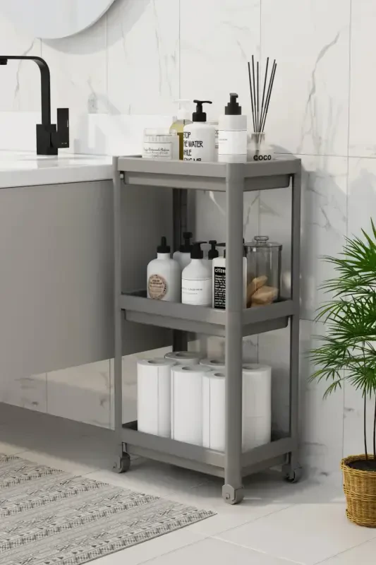 3 Tier Bathroom Shelf Unit (PEGGY) White Bathroom Organizer Shampoo Towel Rack Cabinet (Gray)-GRAY - 1