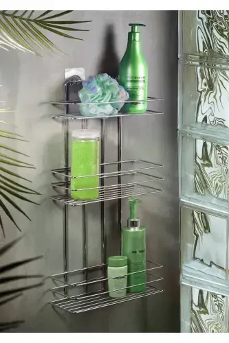 3 Tier Chrome Adhesive Bathroom Shelf, Shampoo Shower Organizer, Stainless Metal Bathroom Wall Mount-Chrome - 1