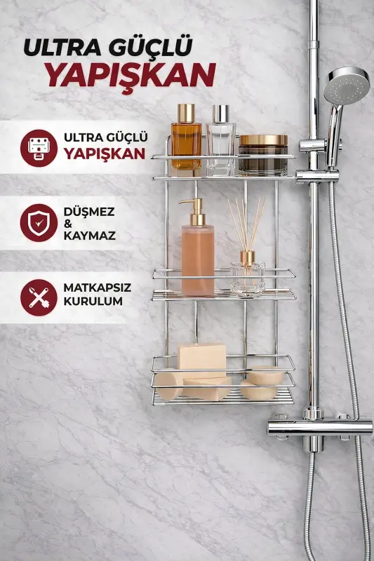 3 Tier Chrome Adhesive Bathroom Shelf, Shampoo Shower Organizer, Stainless Metal Bathroom Wall Mount-Chrome - 4