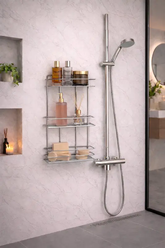 3 Tier Chrome Adhesive Bathroom Shelf, Shampoo Shower Organizer, Stainless Metal Bathroom Wall Mount-Chrome - 7