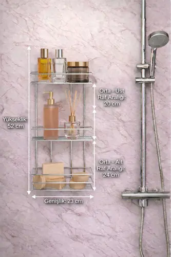3 Tier Chrome Adhesive Bathroom Shelf, Shampoo Shower Organizer, Stainless Metal Bathroom Wall Mount-Chrome - 8