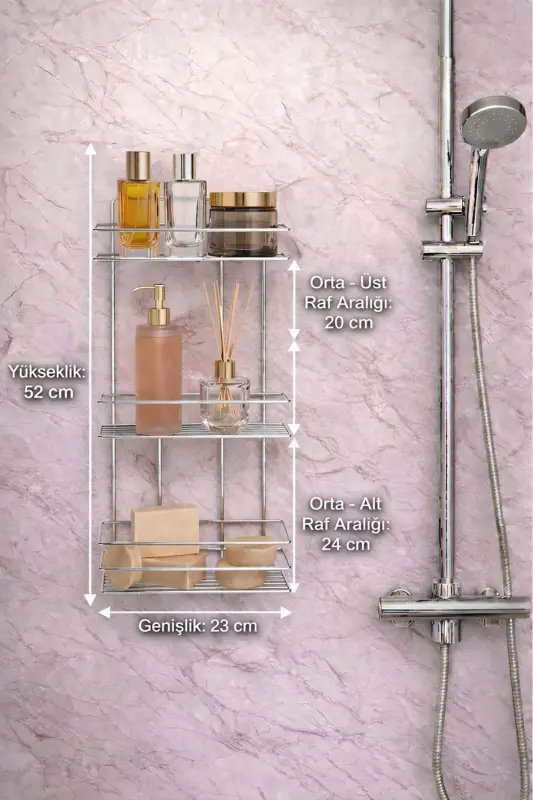 3 Tier Chrome Adhesive Bathroom Shelf, Shampoo Shower Organizer, Stainless Metal Bathroom Wall Mount-Chrome - 8