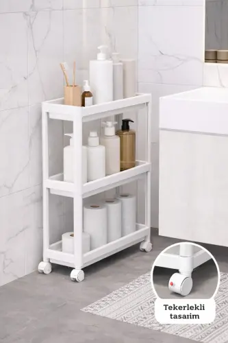 3-Tier Rolling Rectangular Shelf Unit - Bathroom Kitchen Organizer Storage Rack White - 1