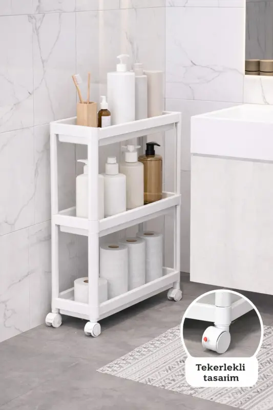 3-Tier Rolling Rectangular Shelf Unit - Bathroom Kitchen Organizer Storage Rack White - 1