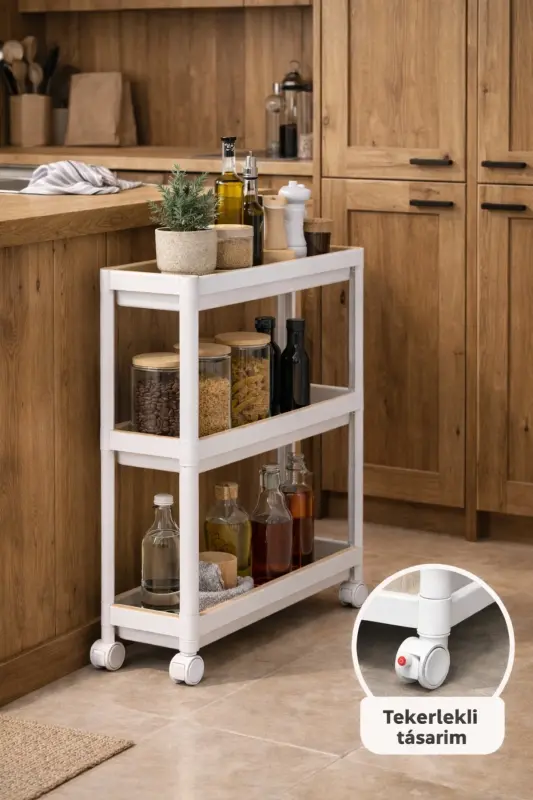 3-Tier Rolling Rectangular Shelf Unit - Bathroom Kitchen Organizer Storage Rack White - 2