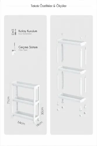 3-Tier Rolling Rectangular Shelf Unit - Bathroom Kitchen Organizer Storage Rack White - 3