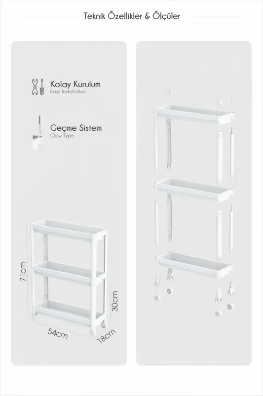 3-Tier Rolling Rectangular Shelf Unit - Bathroom Kitchen Organizer Storage Rack White - 3