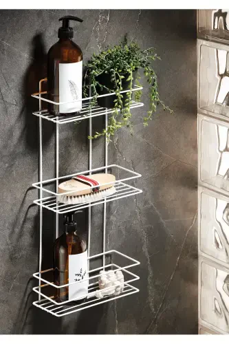 3 Tier White Adhesive Bathroom Shelf, Shampoo Shower Organizer, Stainless Metal Bathroom Wall Mount-White - 1