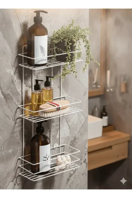 3 Tier White Adhesive Bathroom Shelf, Shampoo Shower Organizer, Stainless Metal Bathroom Wall Mount-White - 3